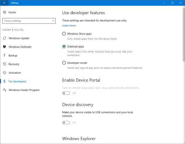 Windows Security, Use developer features, Sideload apps