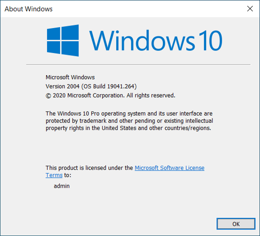 Acerca de Windows, mostrando la versión 2004