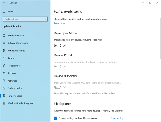 Reorganised For developers section in Windows 10 v2004